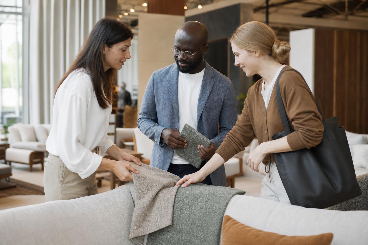 Three design professionals comparing upholstery fabric samples together at a sofa in a showroom.