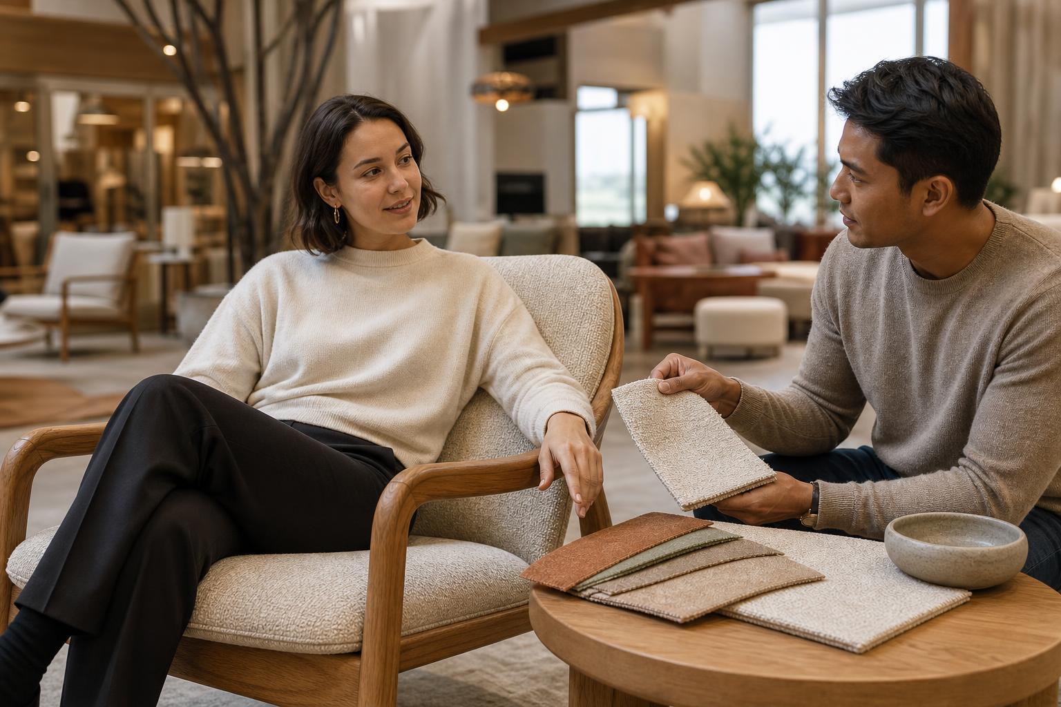 Two design professionals discussing a lounge chair and its upholstery together.
